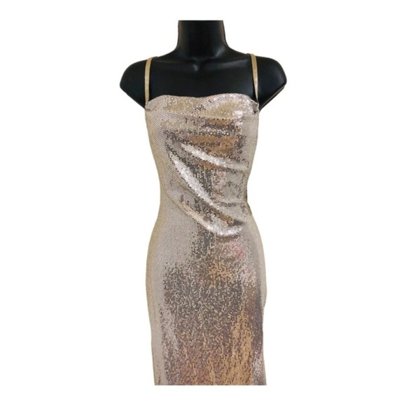 Bebe silver sequin cowl neck adjustable strap‎ slip style gown dress size large - Picture 11 of 15